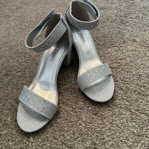 Silver Rhinestone Embellished Heels with Ankle Strap